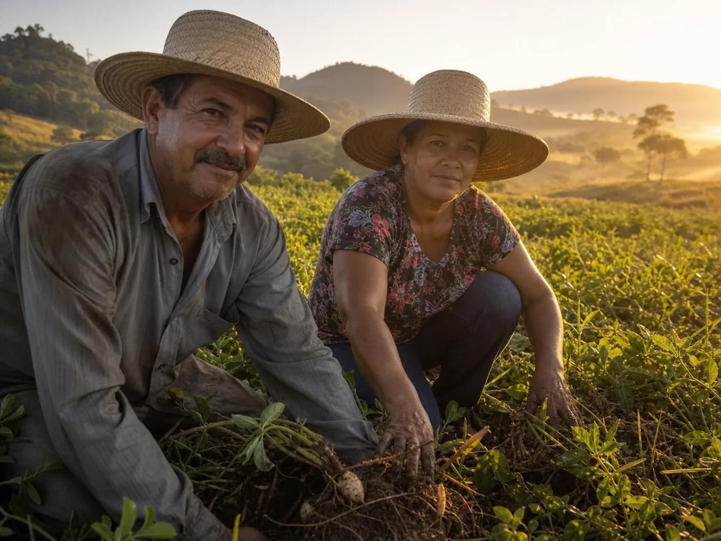 Trabalhadores rurais em lavoura ao pôr do sol