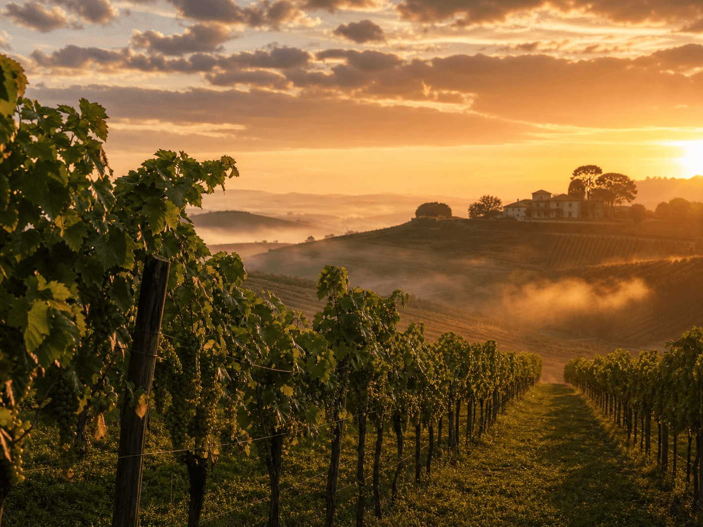 Vinhedo ao amanhecer em cenário rural